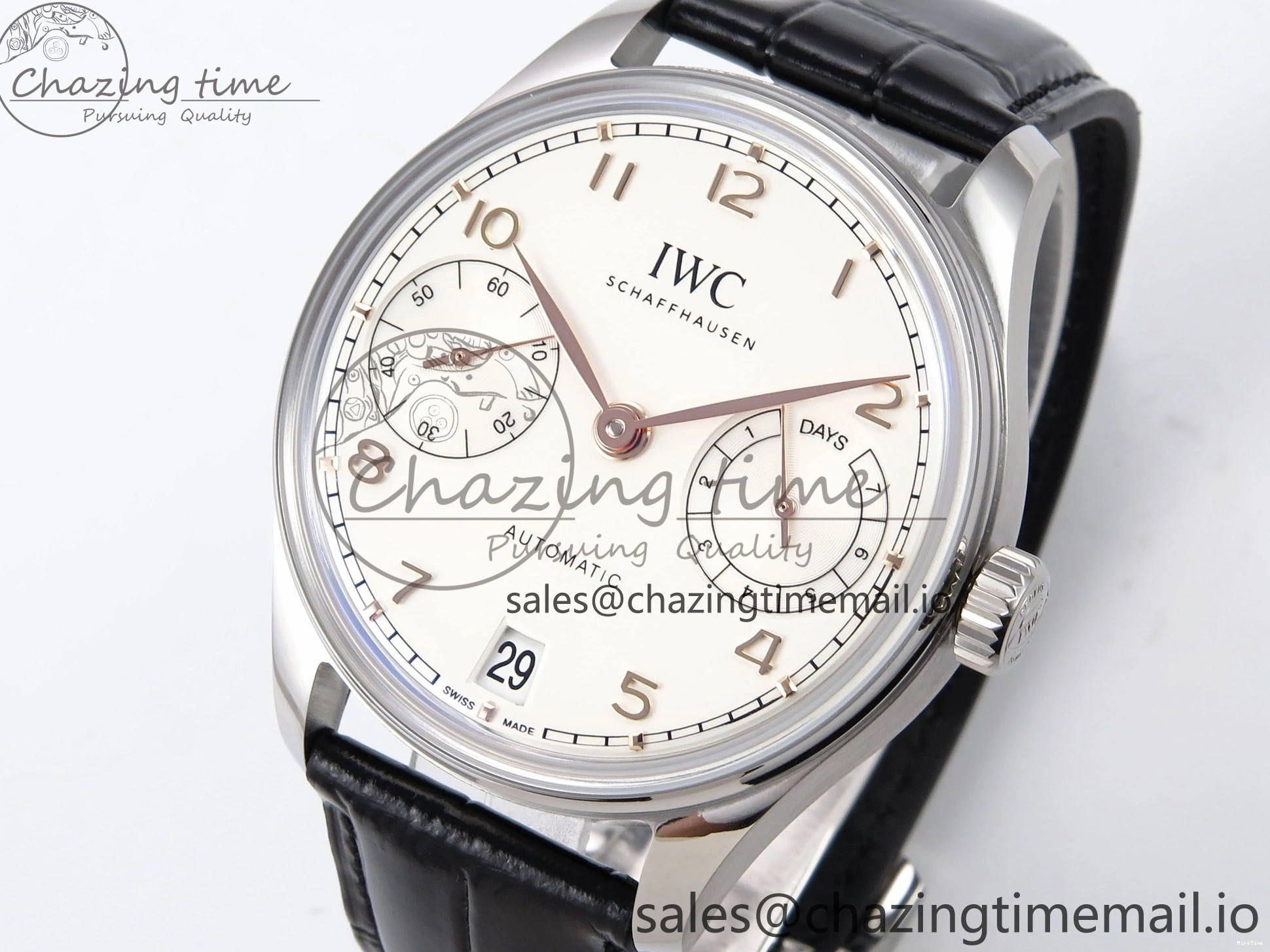 MIROTIME 0308 OnTrend Portugieser Automatic 42mm SS APSF 1:1 Best Edition White RG Dial on Black Leather Strap A 7010
